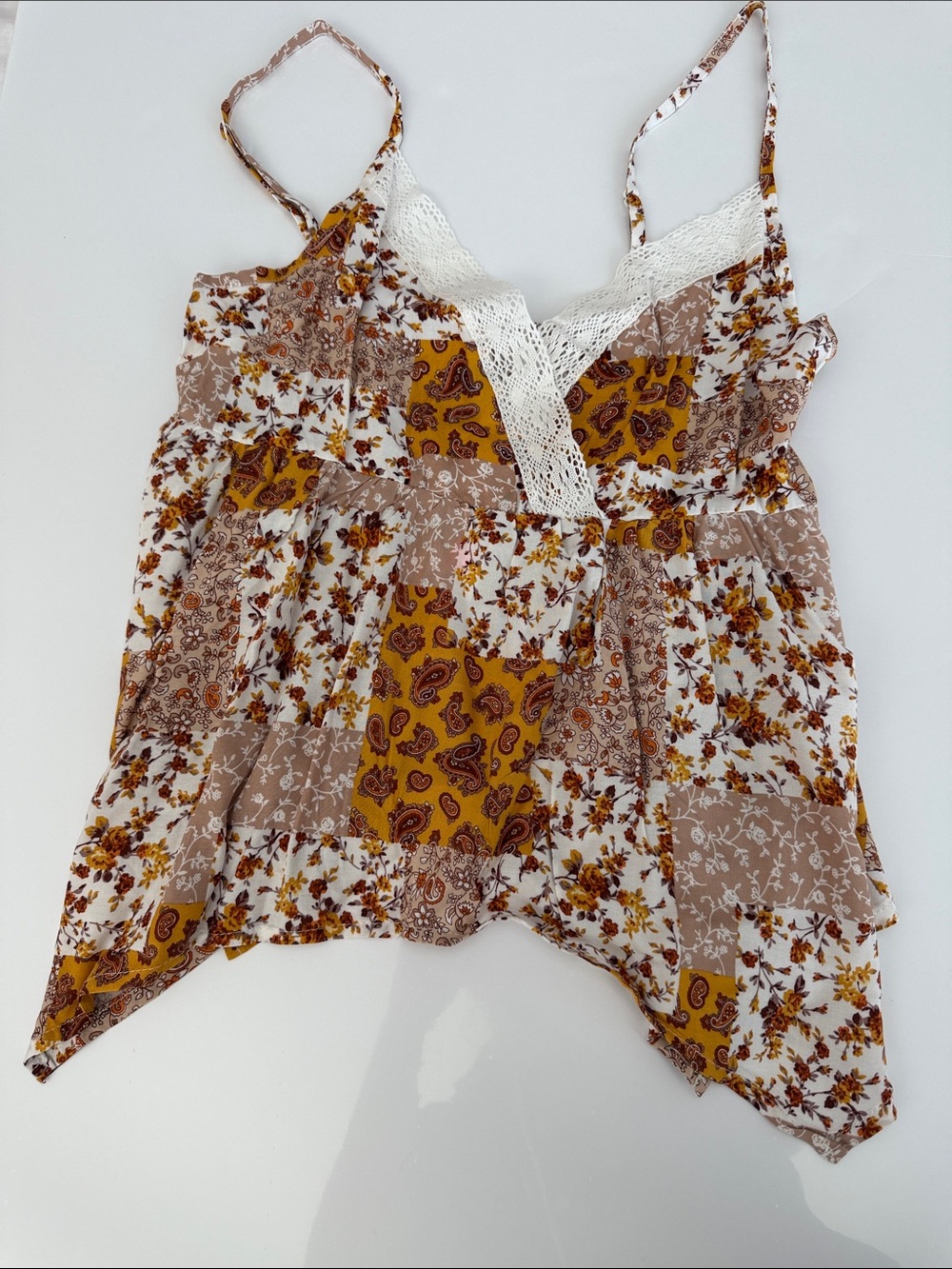 Forever 21 Boho Patchwork Lace-Trim Cami Tank Top - Mustard Floral